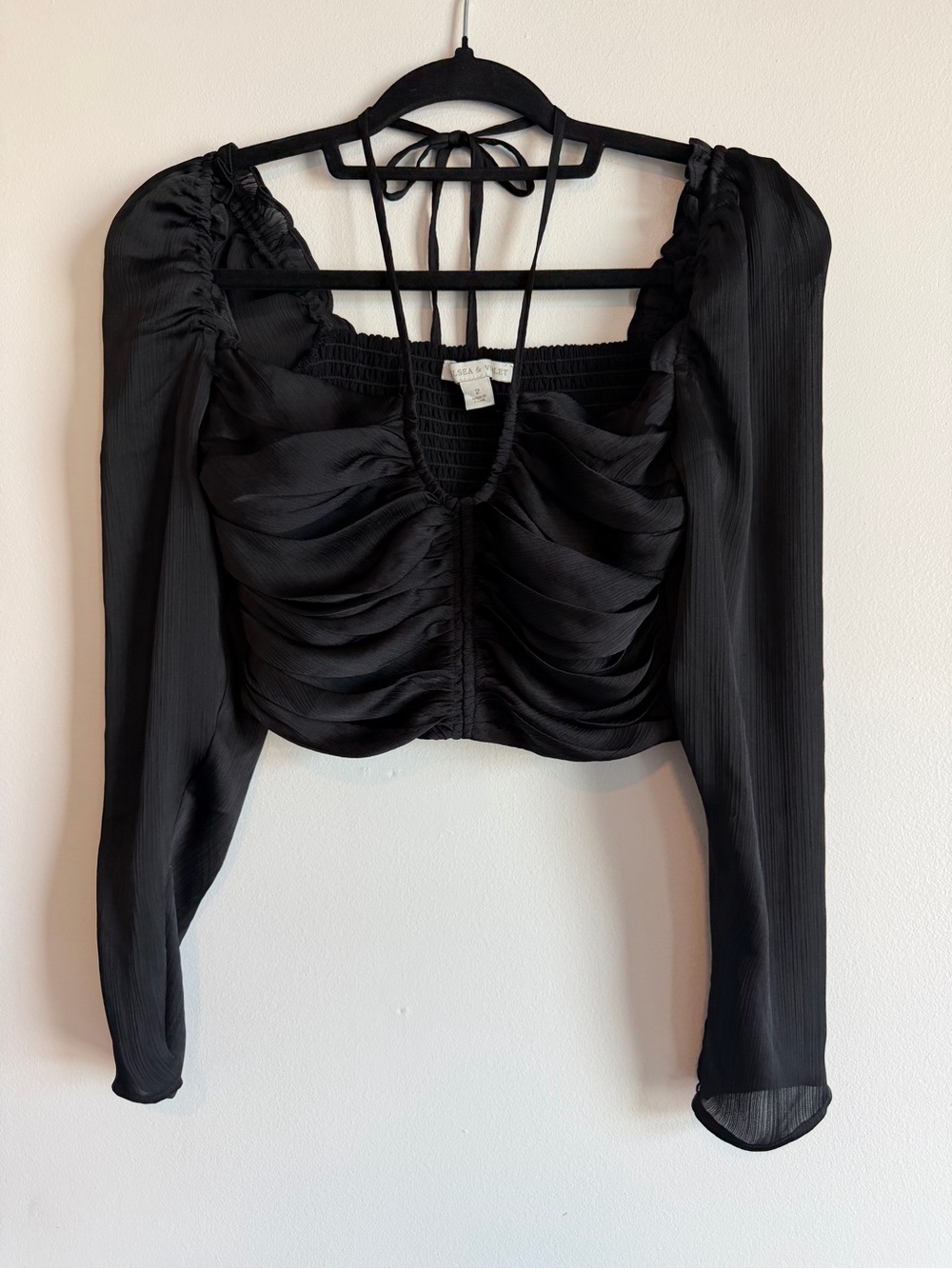Chelsea & Violet Black Ruched Long-Sleeve Tie Crop Top